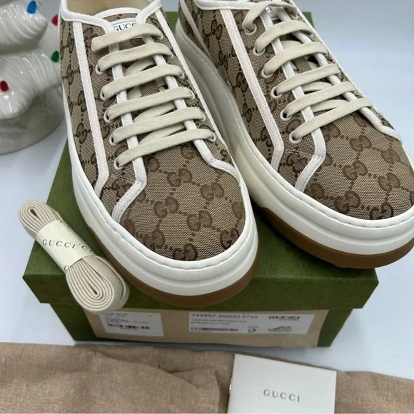 Gucci Brown, Gigi monogram canvas platform sneakers size 10.5 made in Italy - Picture 2 of 10
